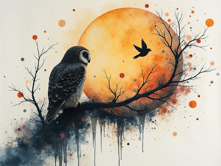 An owl perched on a branch. Large orange moon in the background. Watercolor style with expressive details. Surrounded by splashy white space and delicate painting techniques.