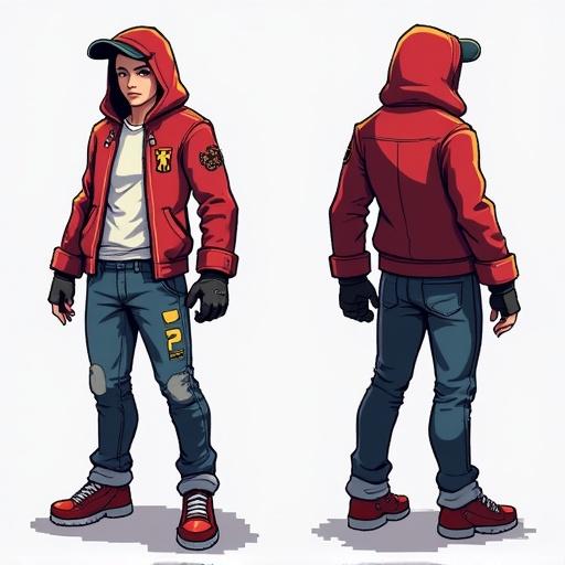 Character design for a video game. Front and back view of a character in 2D pixel art style. Red jacket with patch details, jeans with a distressed look, and stylish sneakers. Appears modern and youthful.