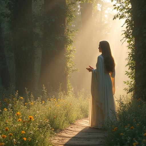 Woman in a beautiful flowing garment standing in a forest. Soft light shines through trees illuminating path covered in flowers. Calm and serene atmosphere.