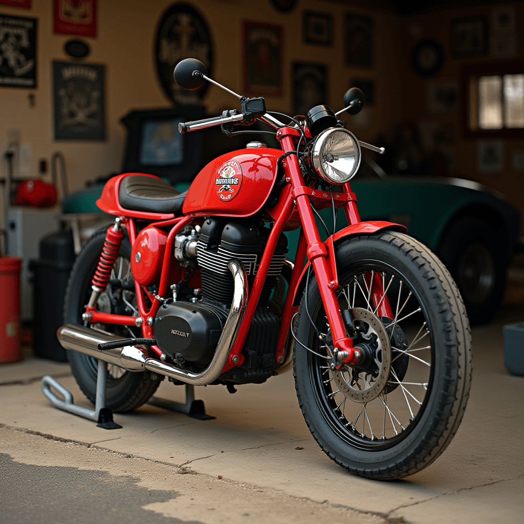 A vintage red motorcycle is parked in a garage filled with retro decor.