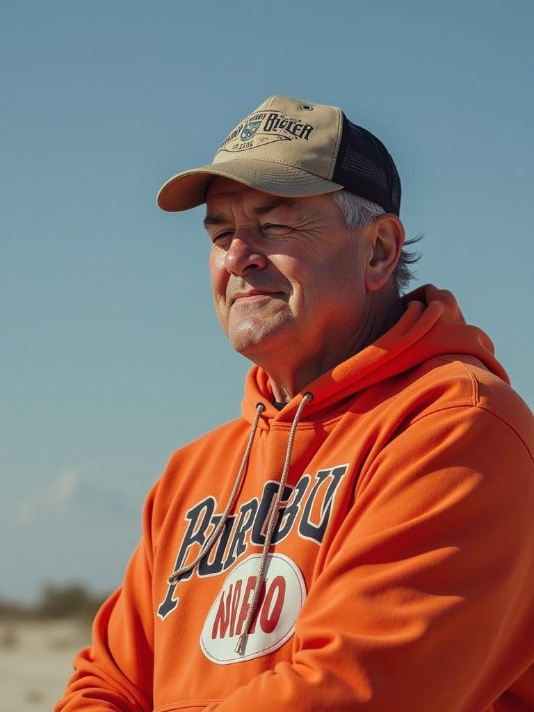 Person wearing an orange hoodie stands on a beach. The background features a clear blue sky and soft sand. A casual posture suggests a relaxed mood.