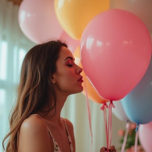 A woman blowing up a balloon with her mouth.