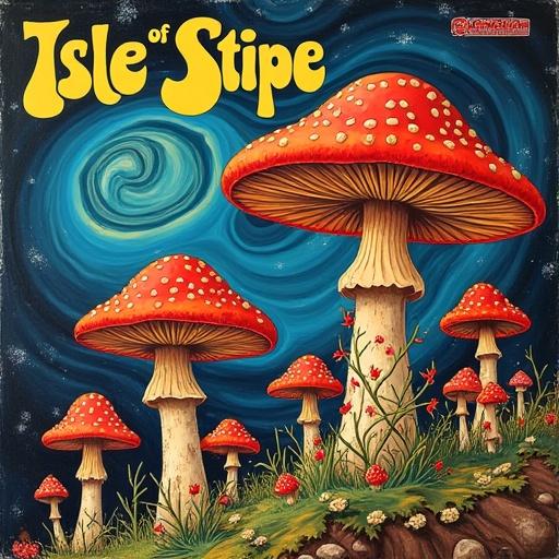 Record album cover featuring large mushrooms and bright swirly colors. Band name 'Isle of Stipe' is clearly readable.