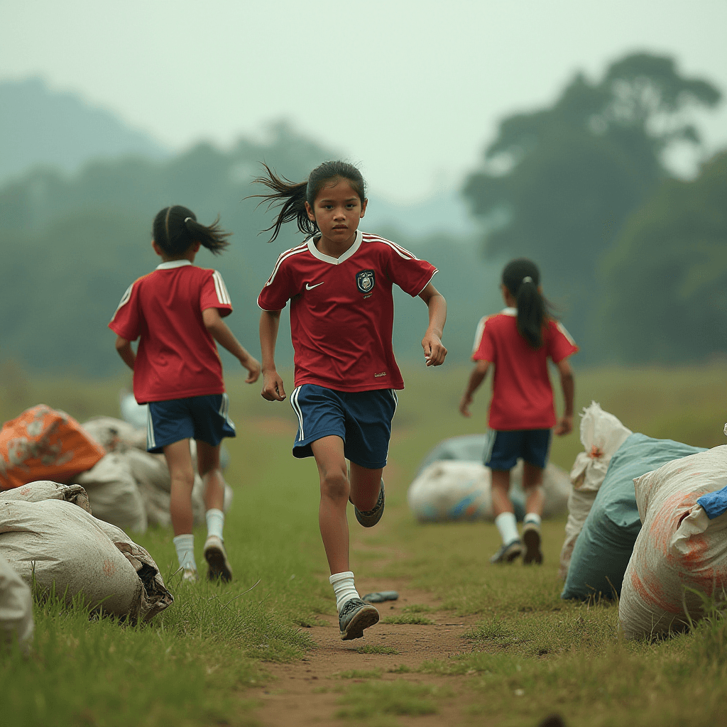 Four girls in red sports jerseys run along a grassy path surrounded by large sacks.