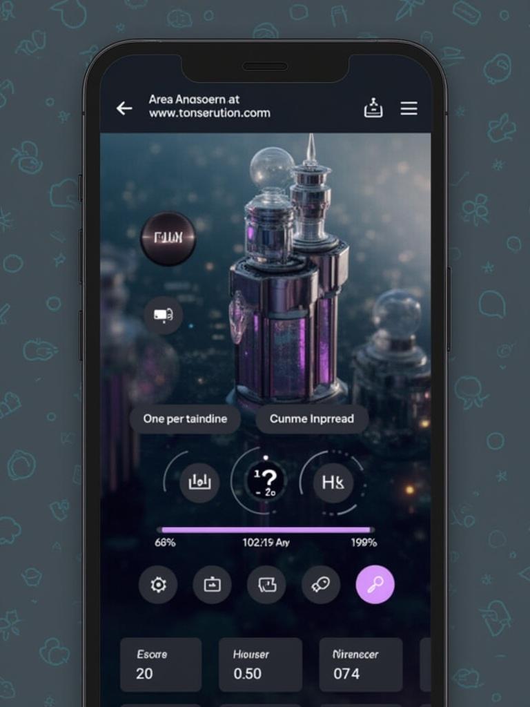 Futuristic software interface displayed on a smartphone. Highlight advanced controls and metrics. Style reflects modern design trends in technology. Features various gauges in a sleek digital environment.