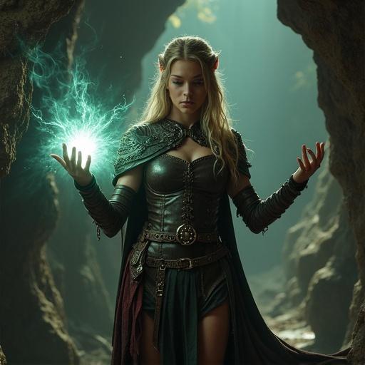 Elven maiden in leather armor. Character cast light spell in dark cavern. Focus on magic and armor details.