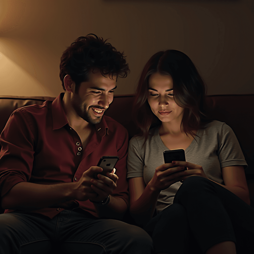 Two people sharing a light-hearted moment on their phones in a cozy setting.