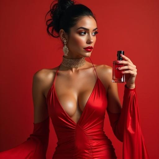 A vertical 4K fashion portrait of a woman in a deep red gown inspired by KAYALI Eden Juicy Apple 01. The gown has geometric lines and a multifaceted texture. A gold choker necklace adorns the neck. The woman's skin glows and lips are cherry red. Hair is styled elegantly. The KAYALI fragrance bottle is held confidently.