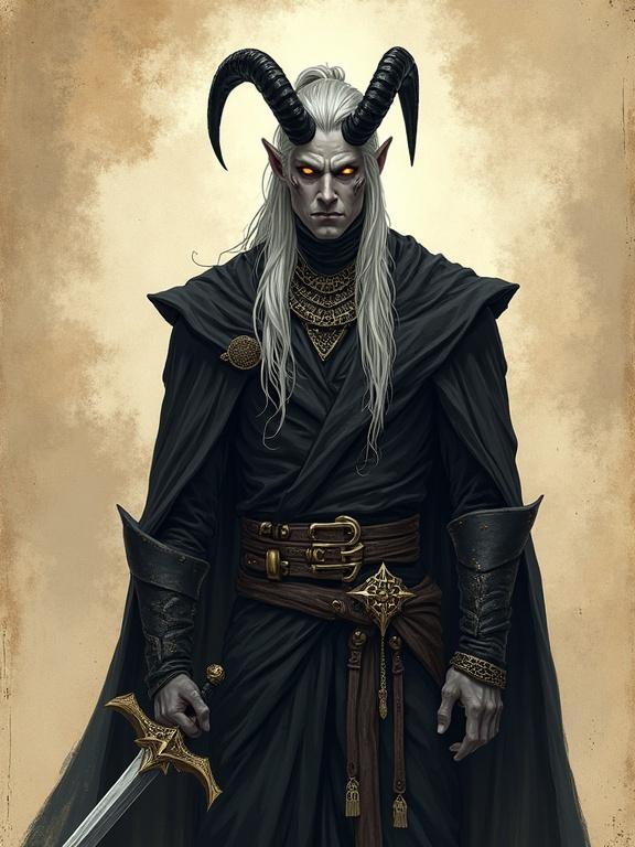 Tall male tiefling with ash-gray skin and amber eyes. Long silver hair in a high ponytail. Curved black horns like a crown. Scarred cheekbones. Wears chainmail and platte pants. Holding a long sword. Background resembles ancient parchment.