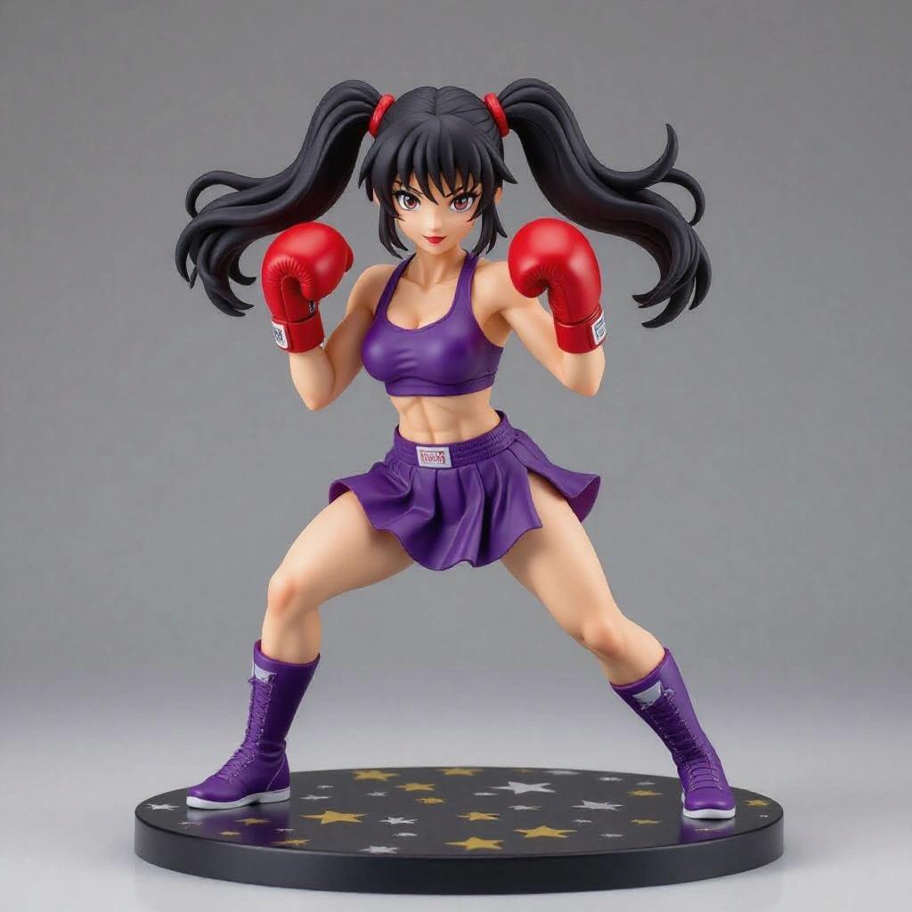 Female resin figure inspired by Hitmonchan in a boxing pose wearing red gloves and a purple outfit. Displayed on a star-decorated base. Designed for resin printing.