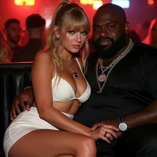 A couple in a nightclub. The woman has long blonde twintails. She wears a very short white cutout dress with a necklace. The man is larger, wearing a black shirt. They are close together, with a playful expression from the woman.