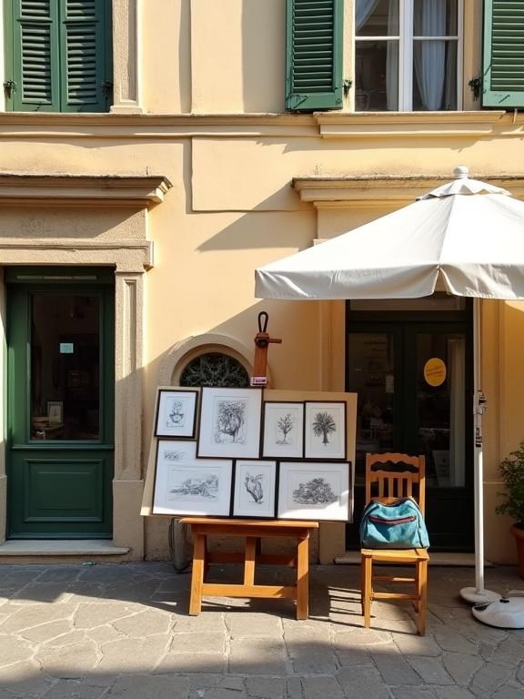 Photograph of outdoor artist's display during daytime. Warm lighting enhances the street scene. Stone pavement in front of a beige building with decorative moldings and green shutters. Artist's easel showcases multiple framed sketches. White umbrella provides shade over wooden chair with blue fabric. Artist's bag rests on the easel. A glass door features a yellow sign. Slight wear and tear is visible on the building. Soft shadows create a cozy and quaint atmosphere. The artist is not visible. Realistic style and high quality are evident in the image.