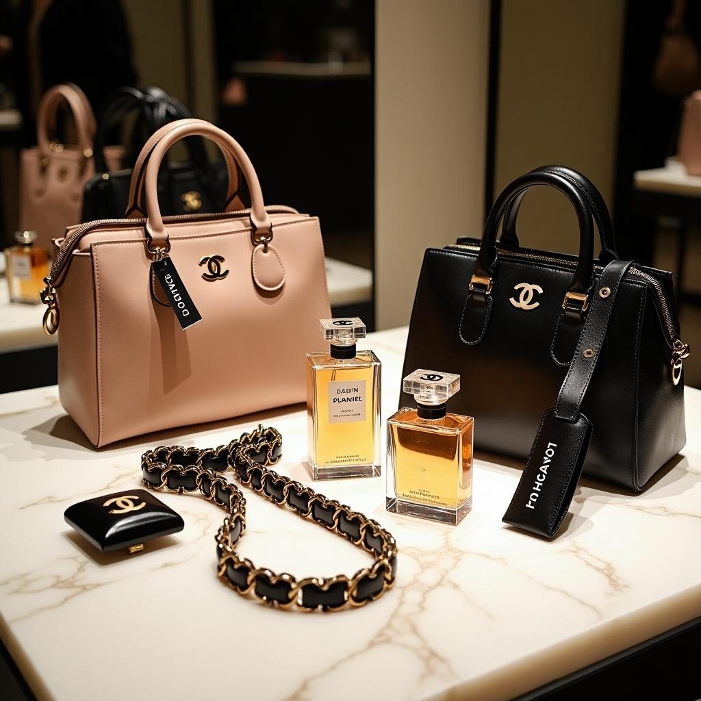 Chanel products displayed on a marble surface. Two handbags, one black and one beige. Two Chanel perfume bottles beside them. Gold details and a chain purse are also present.