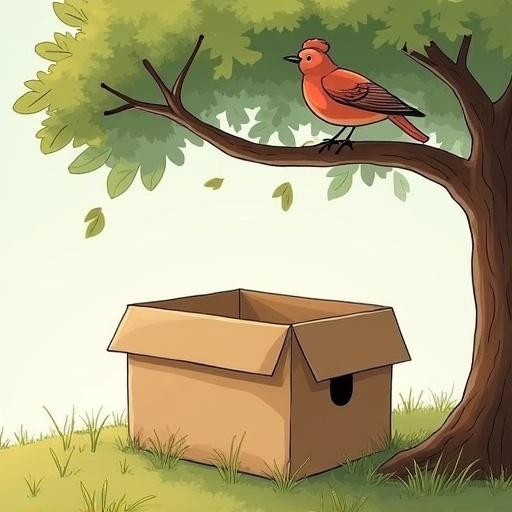 An empty carton box with no lid. Black spot on the box. Box is under a tree branch. A bird is sitting on the branch.