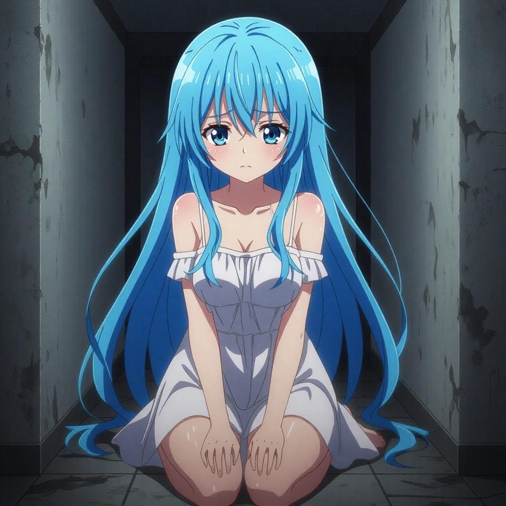 Anime girl with long blue hair sits on cement floor of basement. She wears a short white dress. Expression shows fear. Background is dark and gritty.