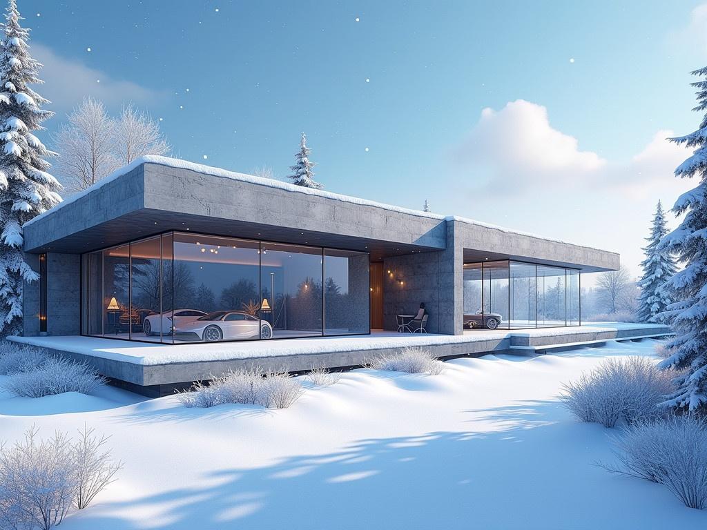 A magnificent painting of a modern house set in a surreal winter landscape. The house is sleek and futuristic, with large glass windows reflecting the snowy surroundings. Soft snowflakes fall gently from a clear blue sky, creating a cinematic atmosphere reminiscent of a Marvel movie. The ground is blanketed in a thick layer of snow, and the surrounding trees are frosted, adding a magical touch. Decorative lights twinkle on the house, creating a cozy holiday feel, while festive elements enhance the advertising aspect of this winter scene.