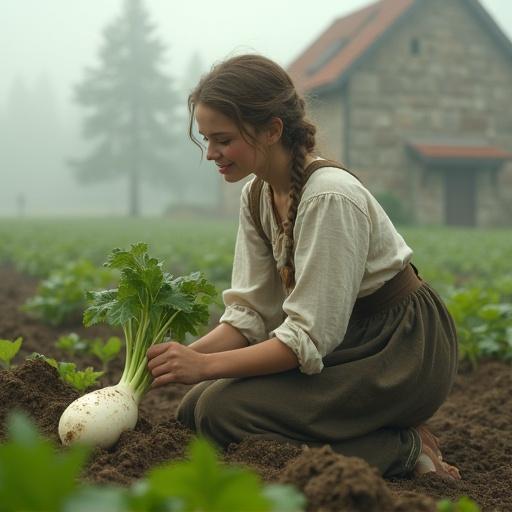 Medieval European village girl pulling daikon radish from soil. Natural posture with ordinary-sized daikon. Smooth white surface with light soil. Fresh green leaves with morning dew. Wearing linen blouse and long skirt. Blushing slightly with gentle smile. Kneeling in misty field at dawn. Old stone house and foggy forest in background. Realistic style with highly detailed elements. Soft lighting creating poetic atmosphere.