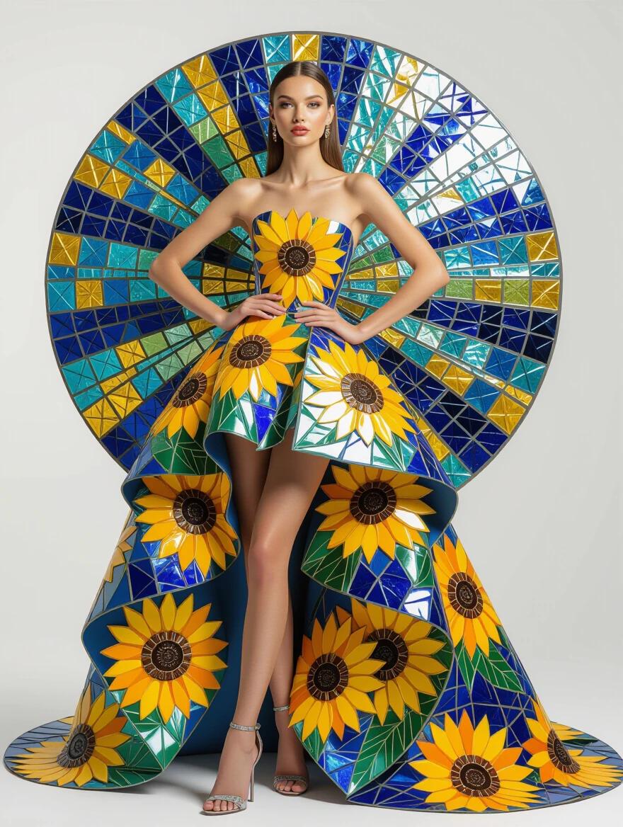 Fashion photoshoot features a beautiful model wearing a unique haute couture gown. Dress has a sunflower design on the bodice with layered petals. Model's body showcases the Ukrainian flag. The background features an intricate mosaic pattern.