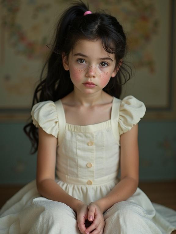 A vintage-inspired portrait of a girl. She has a black ponytail and cute freckles. She is wearing a pale dress. The girl is sitting with her hands on her knees. She has a pouting expression.