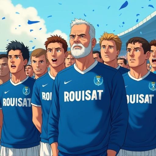 Illustration of a football team celebrating a championship win. Team wears blue kits with ROUISSAT. Coach is a serious bald man with gray beard. Blue confetti in the air. Expressive faces and warm lighting. Background has a cheering crowd and soft sky.
