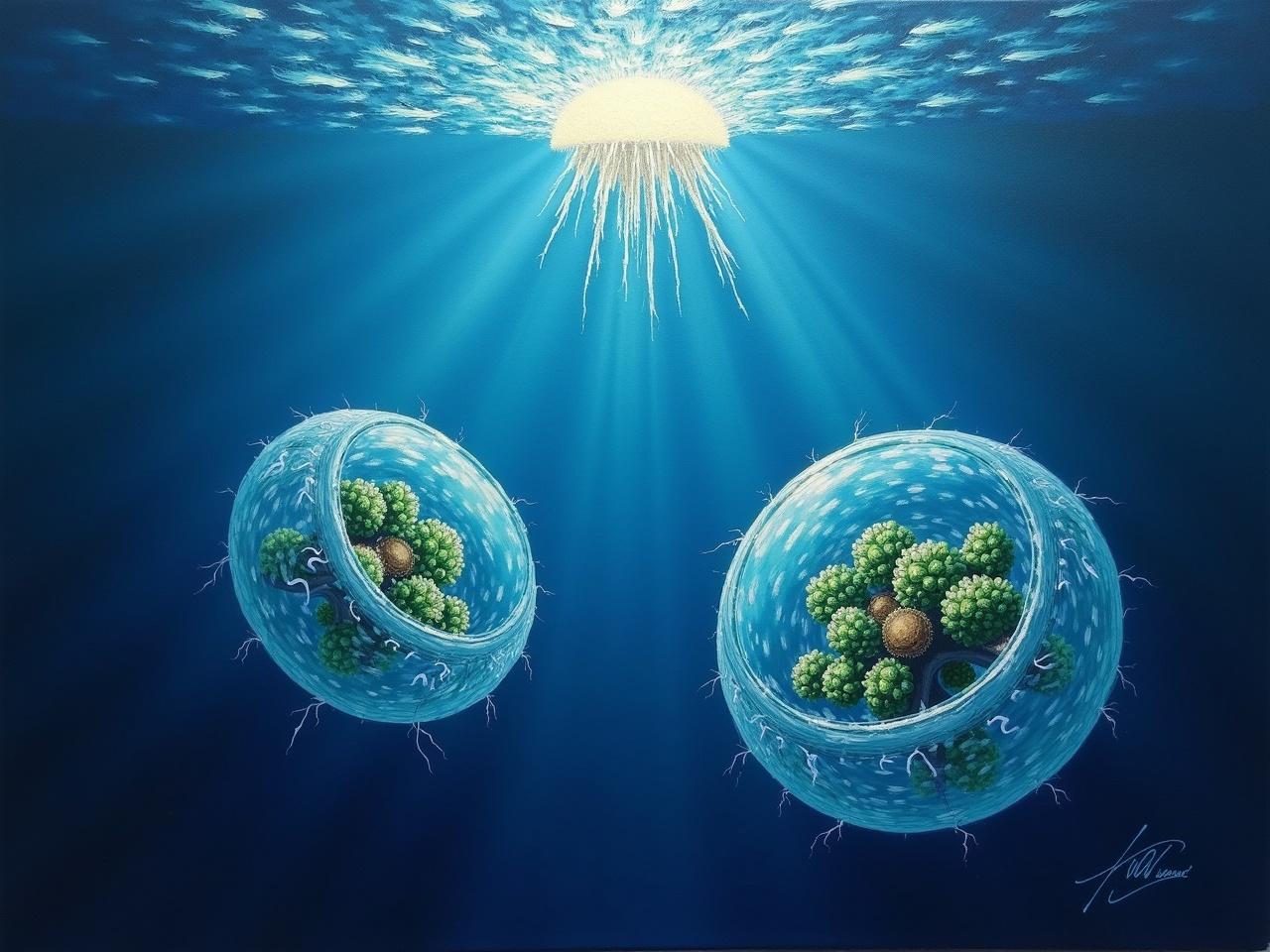 A vibrant oil painting depicting a microscopic scene. Two large, translucent cells float in a dark blue background, illuminated by rays of light shining from above. The cells, with visible thick brush strokes, show intricate details like green and brown particles inside. Above them, a luminous structure emits a soft glow, creating a contrast with the darker surroundings. The painting captures a serene yet lively underwater environment, conveying the beauty of microscopic life.