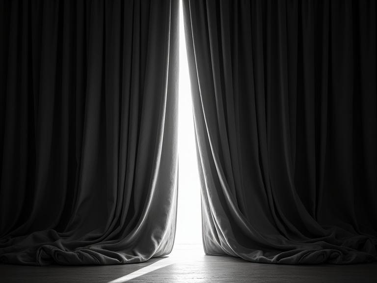 Black-and-white illustration of textured curtain in dim room. Curtain dominates frame showing rich texture and folds. Soft lighting creates glowing effect on one side highlighting details. Curtain partially open revealing gap in center. Light comes from behind casting shadows emphasizing fabric. Strong contrast between light and dark creates mood of mystery and anticipation.