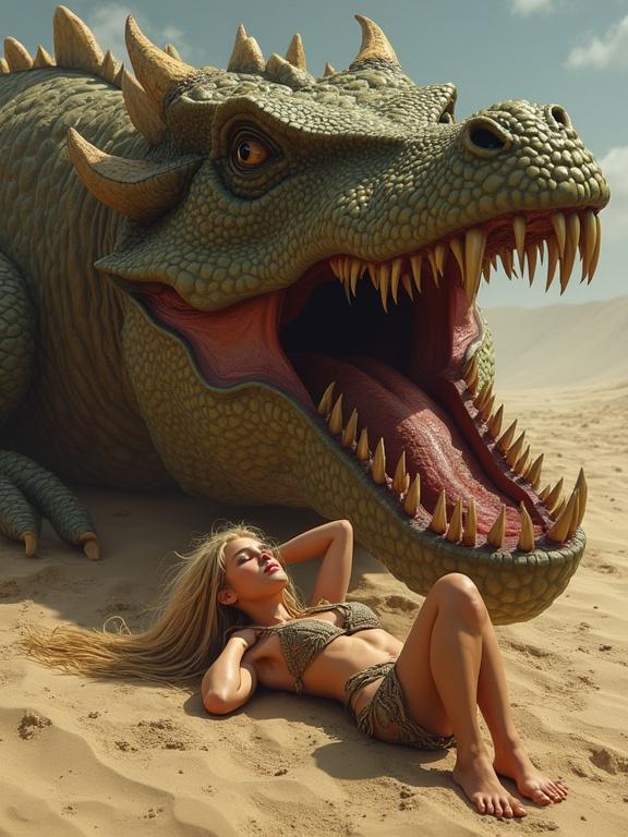 Dreamworks cartoon style illustration of a beautiful petite woman in tattered loincloth. She lies on her back on sand beside a big friendly dragon with a wide open mouth. The dragon looks scary yet friendly. The setting is cinematic and dystopian with a post-apocalyptic vibe. The woman appears sweaty and tired after battle, embodying an adventurous warrior spirit.