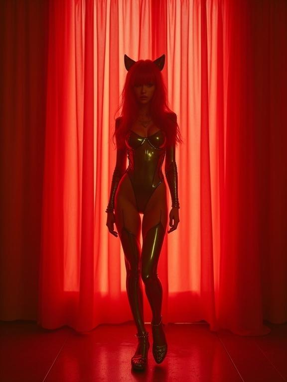 Proudly wearing a colorful catsuit. Crimson curtains create a dramatic background. Focus on silhouette against the vibrant lighting. Photorealistic style reminiscent of cinematic film stills.