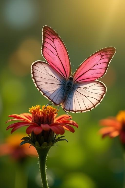 Butterfly with dark pink and white colors. Butterfly perched on flower in sunlit garden. Background is blurred botanical scene.