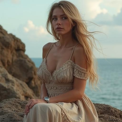 Dreamy woman sitting on rock in historical clothing by the sea.