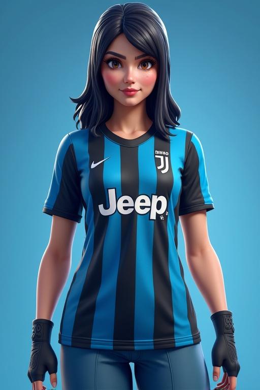 Create a female Fortnite skin with a blue background. Model wears an iconic Juventus jersey and a black beanie worn backwards.