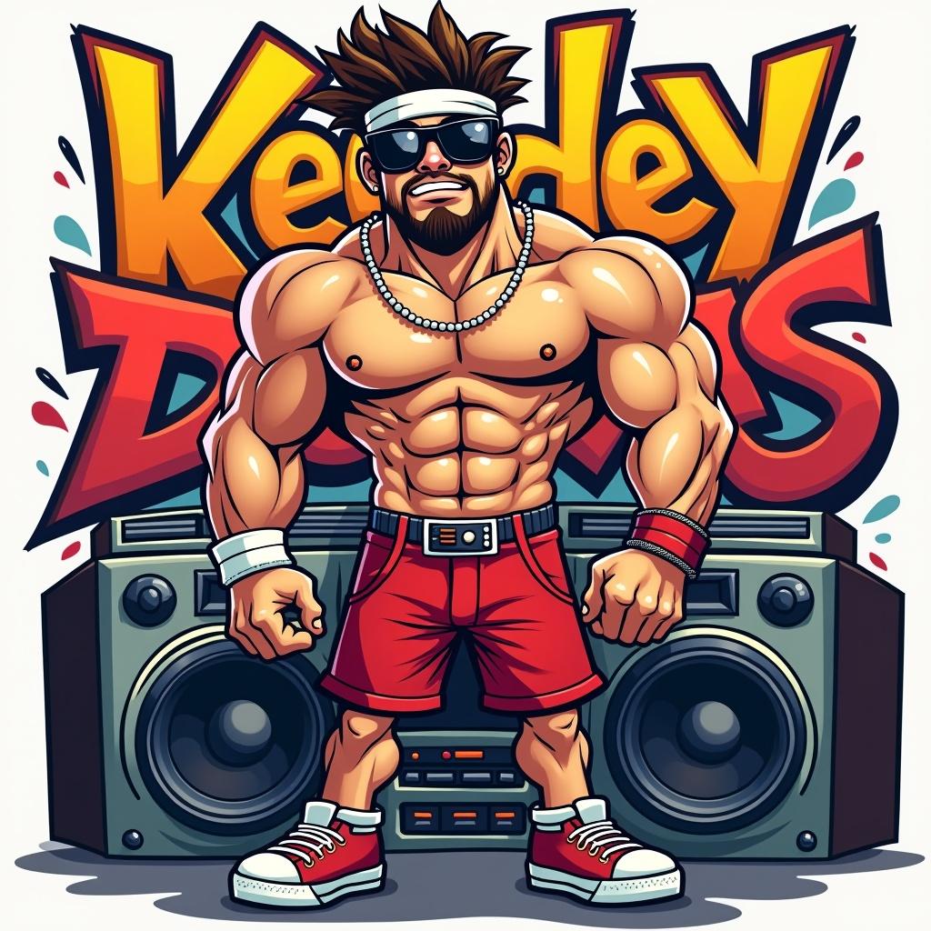 Cartoon representation of a muscular male character inspired by hip-hop culture. Character wears sunglasses, a headband, and shorts. Background features colorful graffiti style lettering with retro boomboxes.