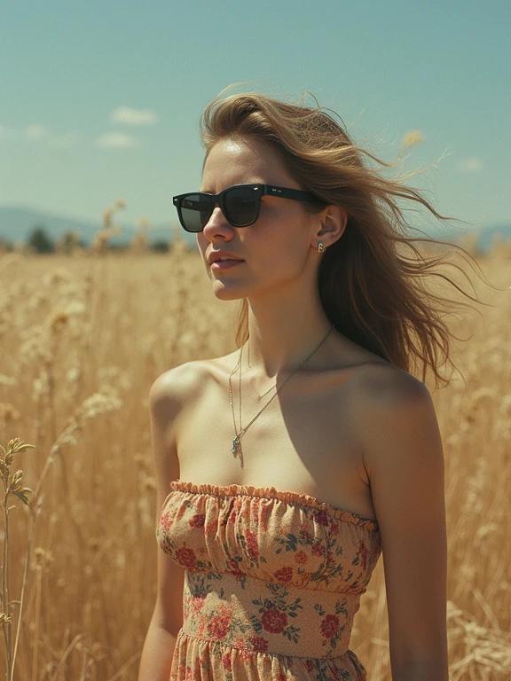 Photo features a teenage girl standing in a field. She wears a floral strapless dress. The field has tall grasses and under a clear blue sky. A summery and relaxed vibe is evident. Bright colors and soft focus create a nostalgic look.