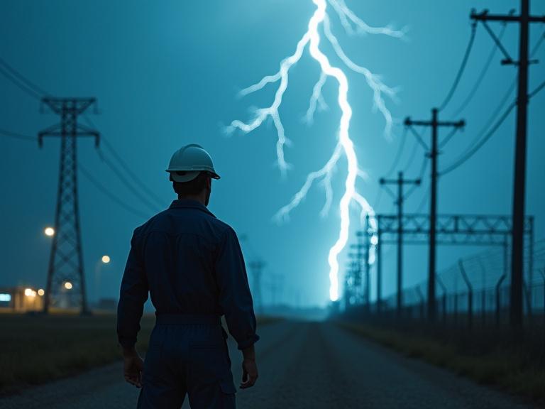 Dramatic scene of technician in blue overalls and helmet at substation. Lightning strikes the ground illuminating the area with a cinematic feel.