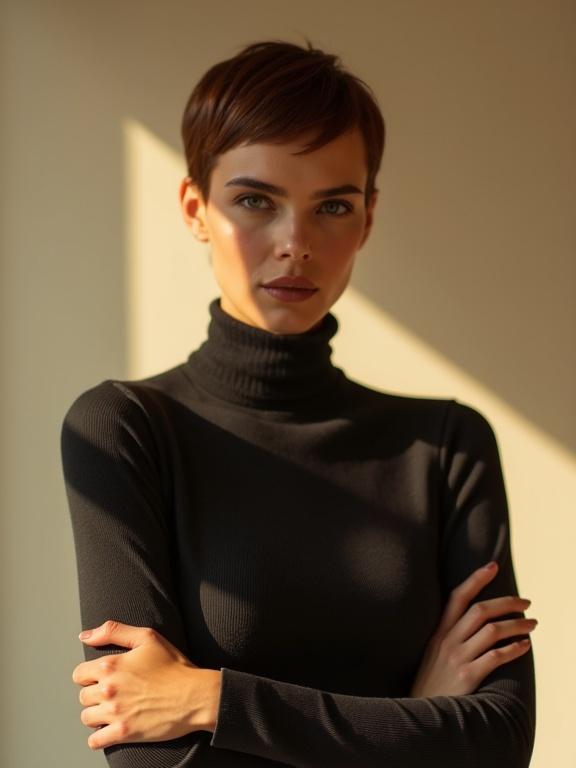 A full-color portrait of a stunning modern muse with a sleek pixie cut in rich chestnut hues. She wears a form-fitting charcoal turtleneck. Arms crossed with a confident posture. The background is minimalist and bathed in soft, golden light. The image captures a profound emotional resonance.