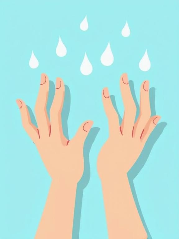 Illustration of hands showing visible sweat drops. Depicts nervous energy. Features light blue background. Simple cartoon style.