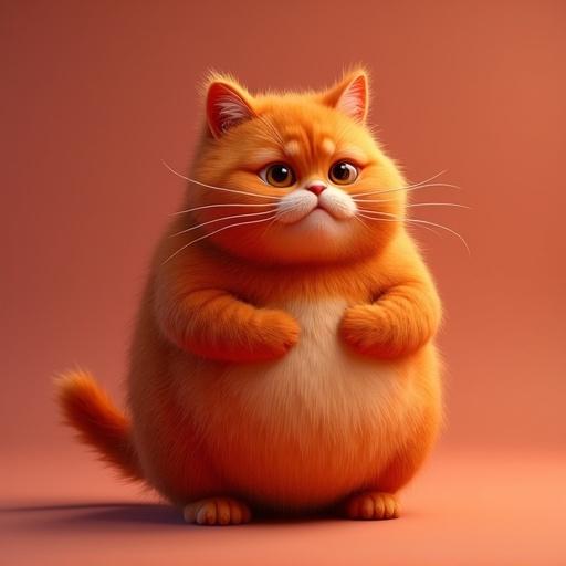 Fat red cat in 3D Pixar style with fluffy round body and cute facial features