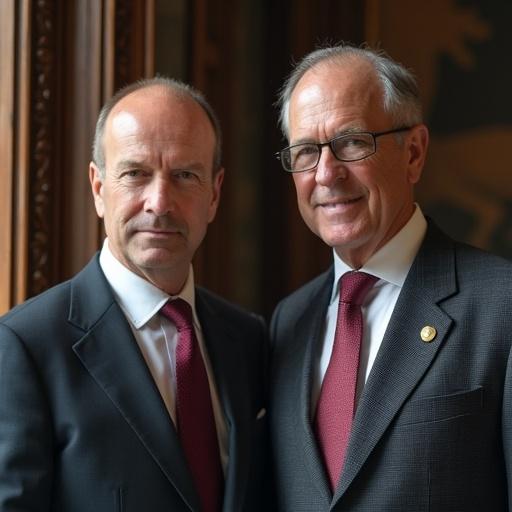 Two men in formal suits are posing for a picture. They appear to be engaged in a significant moment related to politics. They are standing in a historically decorated environment.