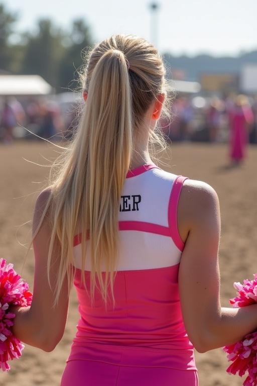 Young adult woman has long blonde hair in two ponytails. Dressed in pink and white cheerleading uniform. Holding pom poms. Cheering at a rodeo event.