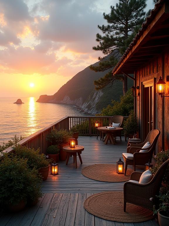 Stunning coastal sunset view from wooden terrace beside rustic cabin. Colorful sky with golden sun reflecting in calm ocean. Cozy lanterns on terrace create warm ambiance with wicker furniture and lush greenery. Mountains in background enhance natural scenery.