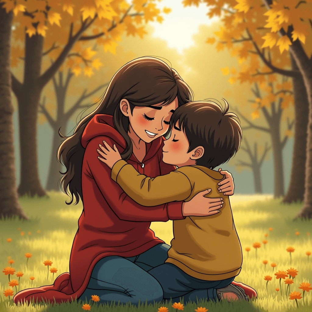 A mother and child embrace warmly in a sunlit autumn forest.