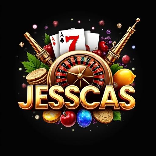 Create a graphic design focused on luxury online casino JESSCAS. No roulette included. Incorporate slot machine symbols like cherries, lemons, and a golden scarab beetle in a dynamic layout. Use cowboy hats, revolvers, and number 7s. Focus on the name JESSCAS in elegant gold or chrome lettering. Aim for high resolution and clarity with no background, ensuring a floating impression with vibrant colors.