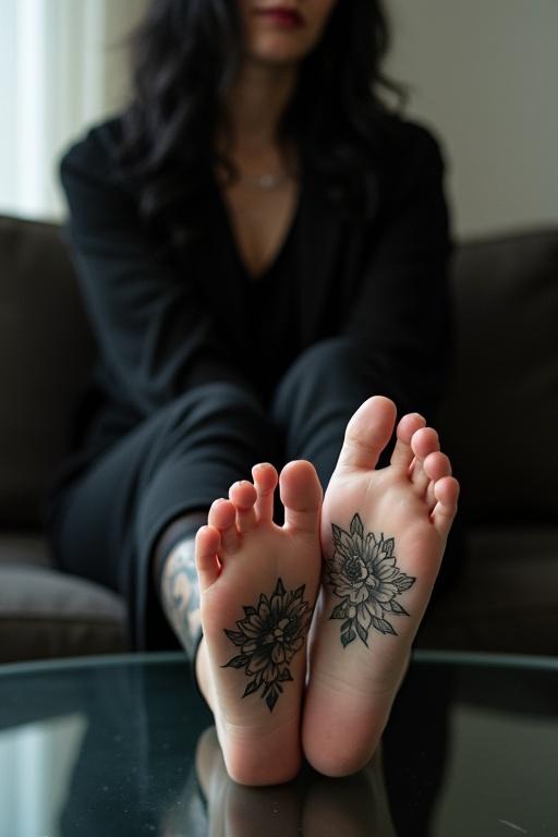 Mature woman with long black hair sits on the sofa. Bare feet with tattooed soles placed on a glass table. Setting is cozy and inviting.