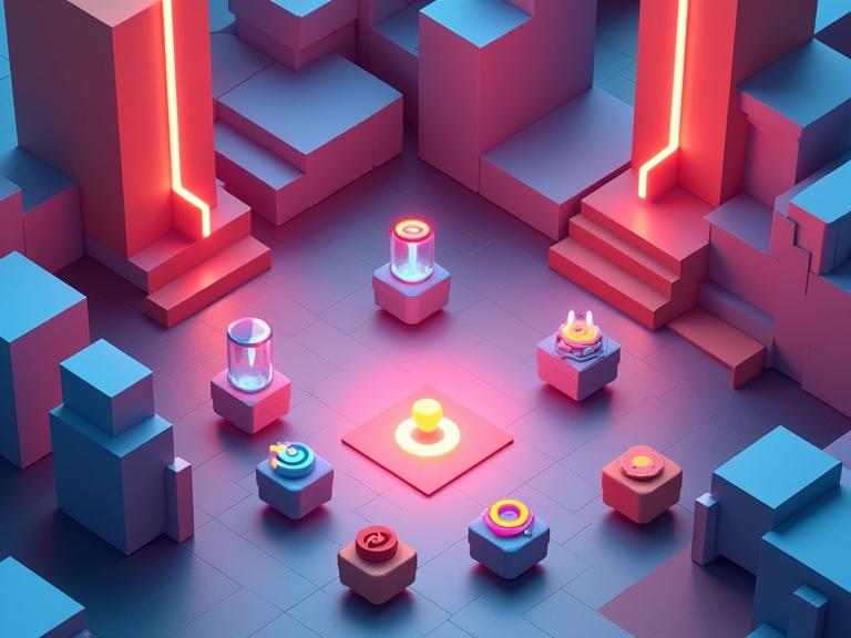3D simulation retro-style game design. Cubes of different colors in an arena with top-down view. Center has a glowing button.