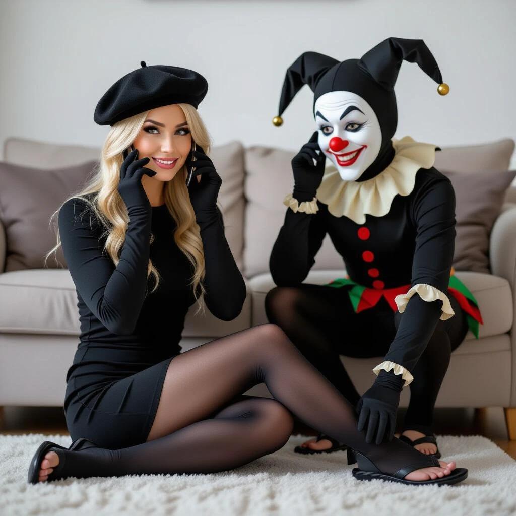 A serious blonde woman making a phone call while sitting on a sofa. She wears a skin-tight black outfit and a beret. A jester-like puppet is crawling on the floor. Scene takes place in a room.