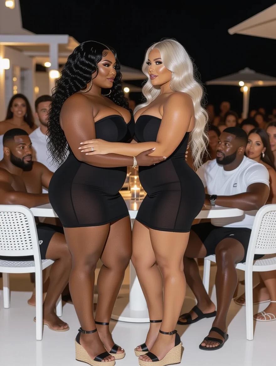 Two bulky muscular women embrace in a nightclub setting. They have different skin tones, one is very black and the other very white. They wear tight black dresses and espadrille heels. The background shows a crowded nightclub atmosphere. The women look at each other affectionately.