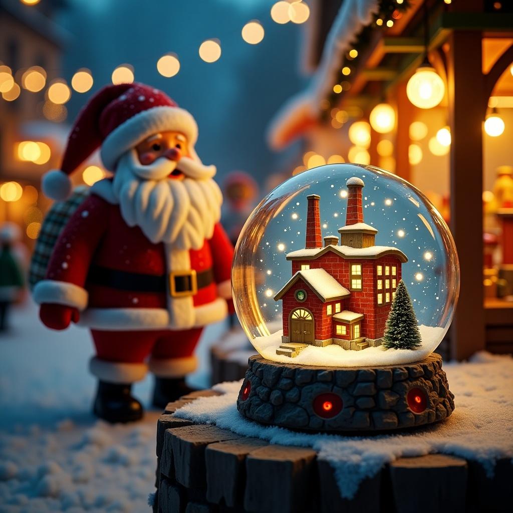 Christmas scene with Santa Claus beside a snow globe. Snow globe shows an ABB factory. Background toy shop with festive decor and glowing lights. Winter setting with snow on the ground.