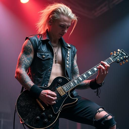 Caucasian guitarist with blue eyes and a blonde mullet plays electric guitar. Intricate tattoos on biceps. Lean muscular frame in torn black skinny jeans and studded leather jacket. Oversized sneakers show grime from gigs. Reflections from stage lights are visible.