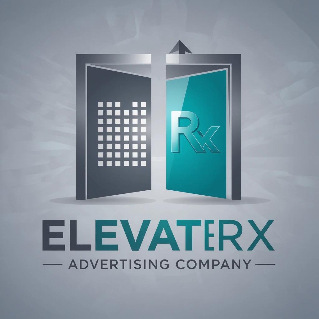 Logo design for ElevateRXMedia. Features two minimalist elevator doors. Doors are slightly open at 45-degree angle. A 4x4 grid of tiny squares depicted behind the doors. Negative space forms upward arrow. Rx symbol serves as metallic door handle in teal. Typography is bold 'ELEVATE' in tall sans-serif font. 'RX' is in teal oval pill shape below. 'MEDIA' in lighter weight below. Color palette includes navy blue for doors and text. Bright teal for Rx and accents. Light gray for metallic details. Digital screen appears with faint glow.