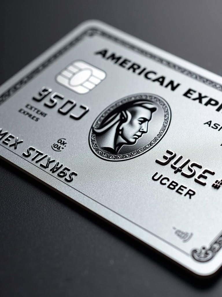 Realistic representation of a platinum American Express credit card. Prominent Visa logo displayed. Cardholder name Graeme Russell visible. Expiry date shown as October 27. Bold black font conveys modern elegance.